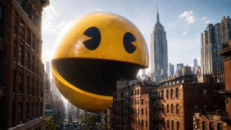 Giant 3D Pac-Man floating between Manhattan buildings