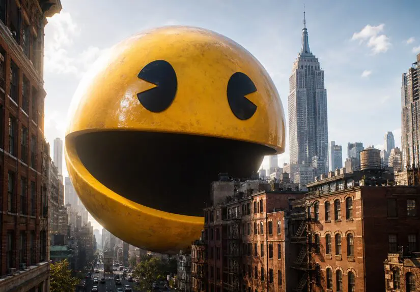 Giant 3D Pac-Man floating between Manhattan buildings
