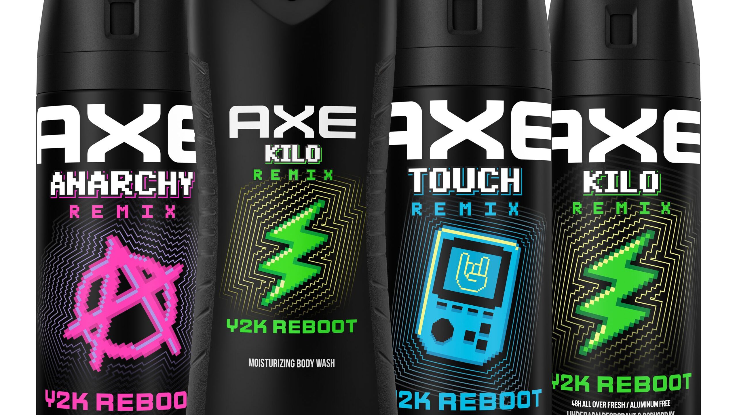 AXE Y2K Reboot collection featuring Anarchy Remix, Touch Remix and Kilo Remix body sprays with Kilo Remix body wash.