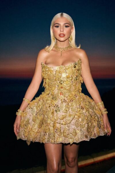 Singer Bárbara Bandeira wearing the one-of-a-kind dress made entirely of traditional Portuguese jewelry by Portugal Jewels